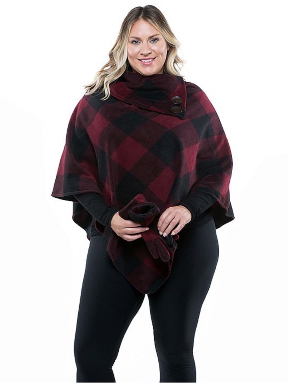 Burgundy Plaid Button Detail Poncho